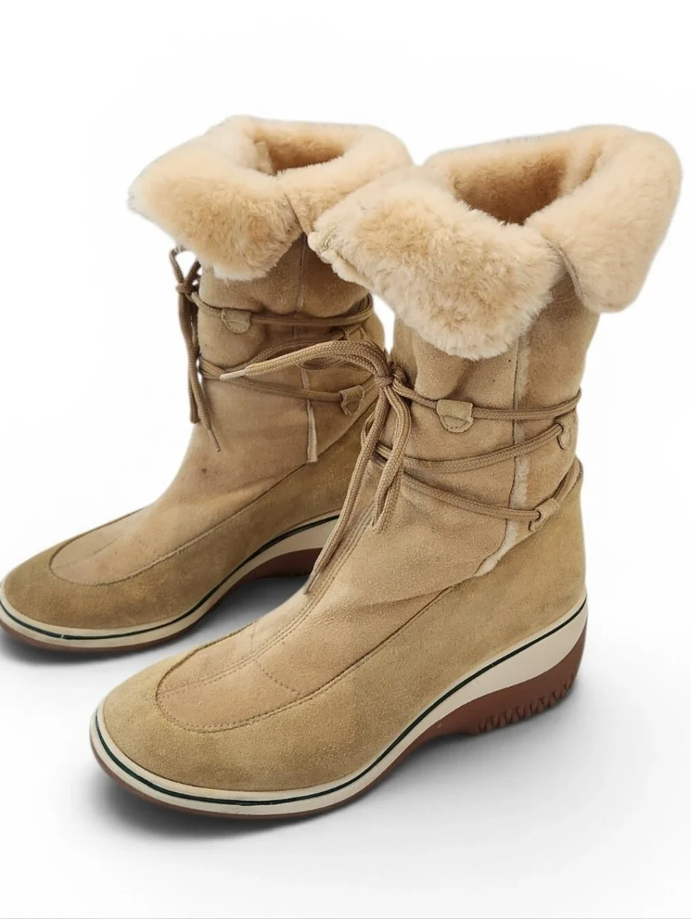 Via Spiga Tan Suede Shearling-Trim Wedge Rain Boots